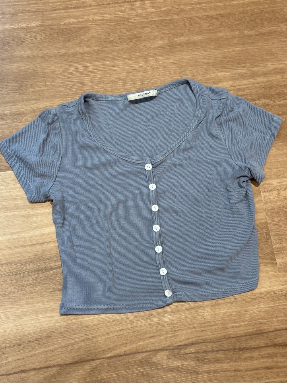 Blue Ribbed Button-Front Crop Top